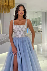 Fashionable Blue Spaghetti Strap Square Sleeveless Split Front Beaded Panel Train Tulle Prom Evening Dresses With Rhinestone